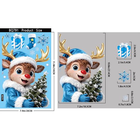 Autocollant statique pour fenêtre représentant un renne bleu glacier, le Père Noël et un paysage enneigé. Décoration de fenêtre avec des rennes et des flocons de neige.