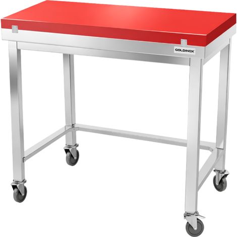Table de travail en inox 1200x500 mm avec plaque de découpe rouge et renfort sur roulettes PREMIUM - GOLDINOX (1/4)