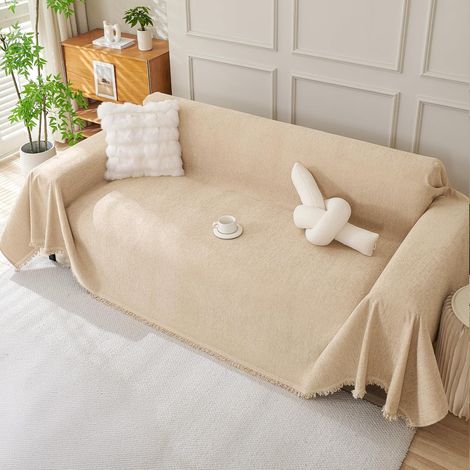 Housse de canapé en chenille kaki, 180x260 cm, douce et respirante, lavable en machine, franges décoratives. (1/5)