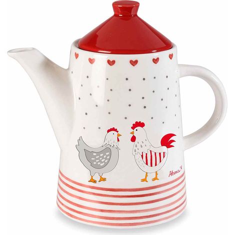 Théières en céramique couvercle rouge, décor poules avec cœurs, pois et rayures, lot de 2, 19 x 11,5 x H. 18 cm