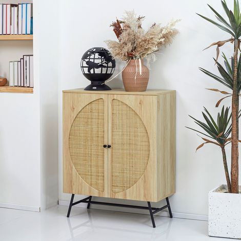 Hohes Sideboard mit Holz- und Rattan-Finish, 2 Türen, 80 x 39 x 101,8 cm, natur