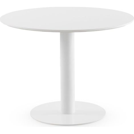 Table en mélamine blanche, diamètre 100 cm, piètement central en métal blanc (1/4)