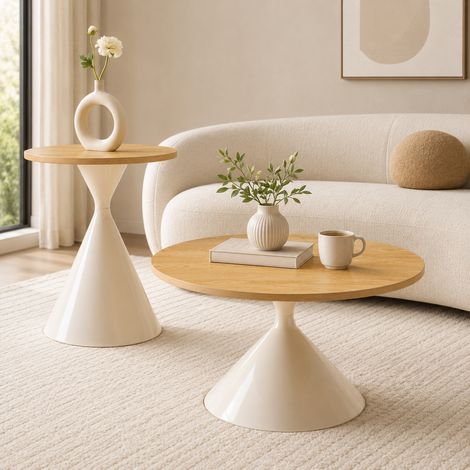 Set de 2 mesas de centro redondas con tablero efecto madera y base metálica crema (1/2)