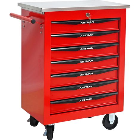 Chariot d'atelier multifonction à 7 tiroirs avec roulettes, structure acier, coloris rouge et noir (1/5)