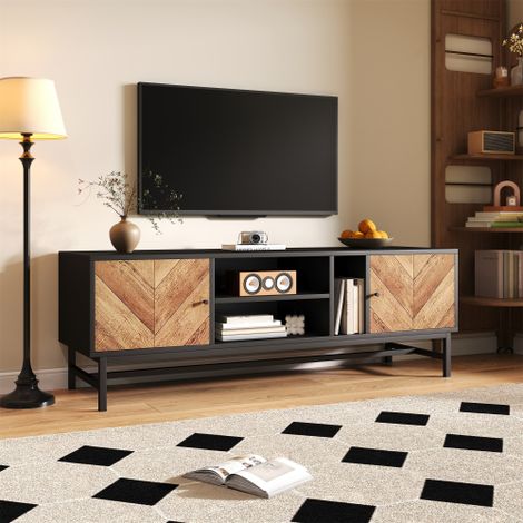 Meuble TV 150 cm – design contrasté noir et bois avec un espace de rangement polyvalent comprenant des placards, des compartiments horizontaux et verticaux, design moderne et minimaliste
