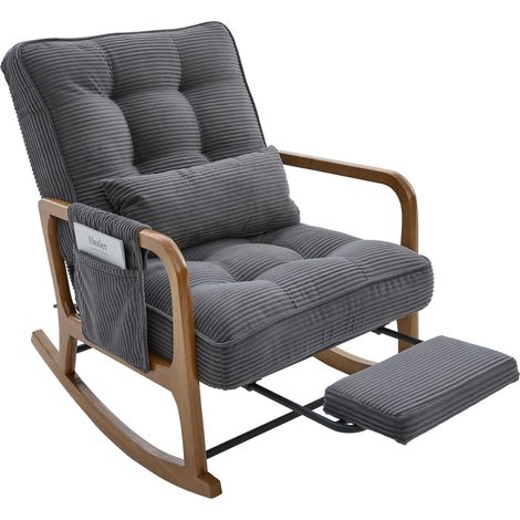 Silla mecedora con reposapiés en pana gris, con bolsillo lateral y cojín lumbar (1/5)