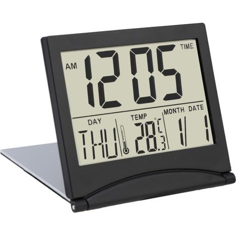 LCD-Uhr mit Datums- und Wochentagsanzeige, faltbarer Reisewecker – Digitaler Wecker – Tischuhr. Tischuhr mit Temperatur- und Datumsanzeige – Schwarz (1/5)