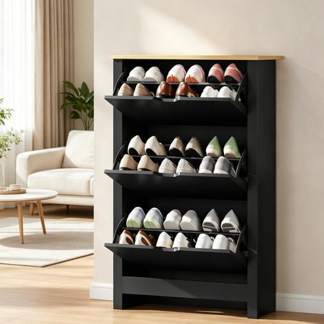 Zapatero de 3 puertas abatibles, 2 compartimentos, aglomerado E1, negro, OKWISH (1/5)