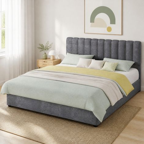 Cama tapizada gris 160x200 cm con cabecero, base de almacenaje con pistones, sin colchón (1/5)