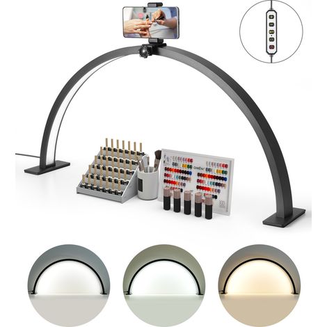 VEVOR Lampe d’Estheticienne Demi-lune de Table, Lampe LED Arc pour Manucure Extension de Cils 30 W, Luminosite et Temperature de Couleur Reglables, avec Support de Telephone, pour Beaute, Sourcils