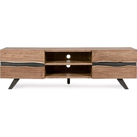 Meuble TV 2 portes bois d'acacia et pieds acier gris Denia 190 cm (1/5)