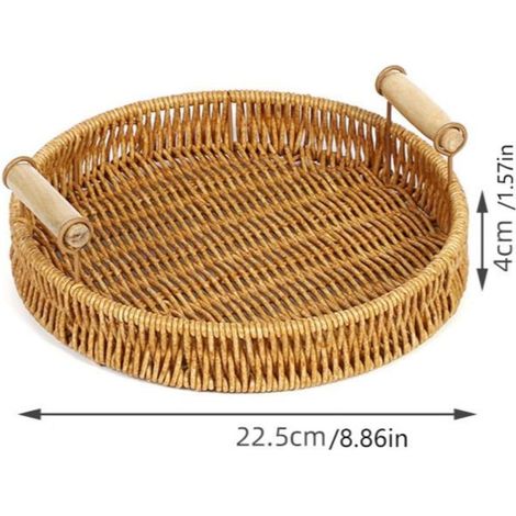 Panier de service rond et rectangulaire fait main en rotin anti-rotin - Support rond tressé pour pain, fruits, bol, plateau décoratif plat en osier pour bonbons, plateau rustique (petit modèle rond) (1/5)