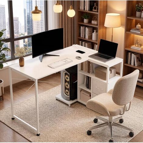Escritorio de esquina reversible con enchufe integrado, 120 x 80 x 76 cm, blanco HAVRYA (1/5)