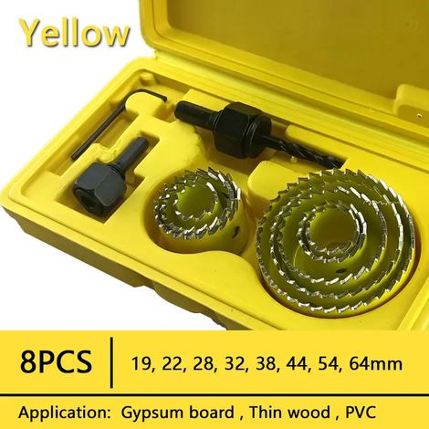 8PCS 19-64mm ensemble de scie cloche scie tasse bois couronne foret pour panneau de gypse bois PVC plastique densité panneau métal outils de travail du bois - Jaune (1/5)
