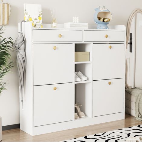 Zapatero de tablero de partículas blanco 110 x 26 x 100 cm con 4 puertas abatibles, 2 cajones y 3 huecos abiertos (1/5)