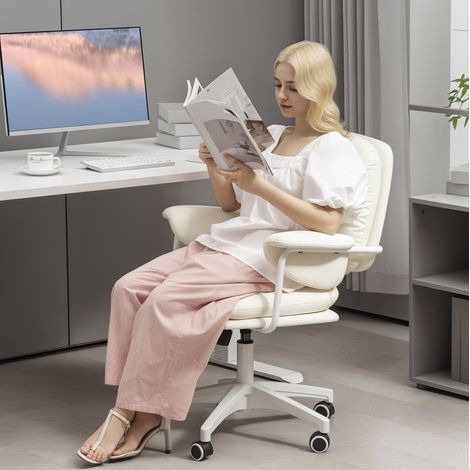 Chaise de bureau inclinable en similicuir blanc, hauteur réglable, avec repose-pieds, 120 kg (1/5)