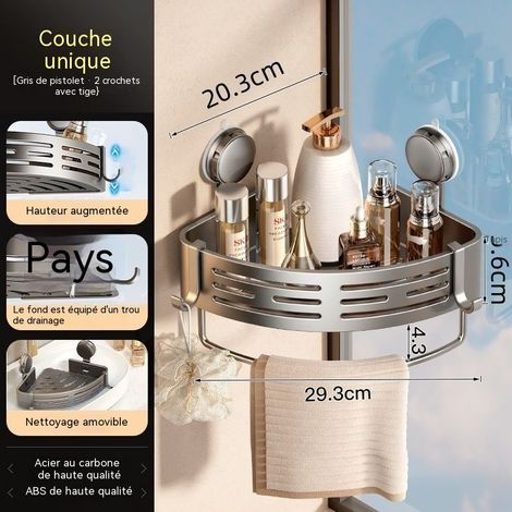 Panier d’angle pour douche en acier carbone gris arme, installation sans perçage par ventouse, simple couche avec barre porte serviette et 2 crochets (1/4)