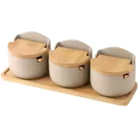 Japonais type clay pot à assaisonnement bamboo lid spice pot avec spoon sugar sel spices boîte récipient 3 pièces (1/5)