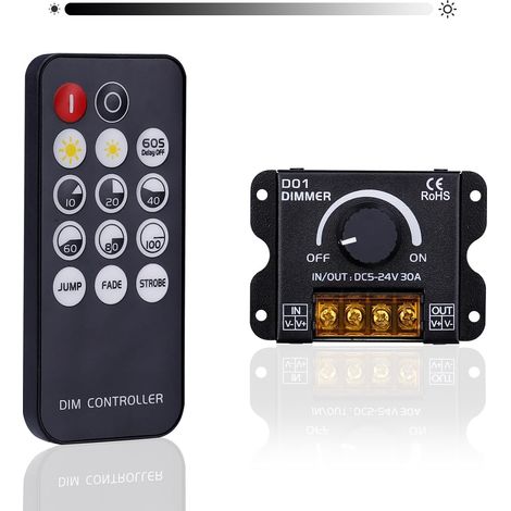 DC 5V 12V 24V 30A RF LED Gradateur PWM Contrôleur de Gradation Contrôle Sans Fil ou Via le Bouton pour Régler la luminosité Convient aux Bandes lumineuses LED (1/5)