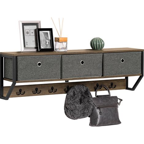 Perchero de Pared para Pasillo, Guardarropa, Estante de Pared con 3 Cestas y 7 Ganchos Dobles Estilo iIndustrial 100 x 20 x 30 cm FHK26-N SoBuy ES