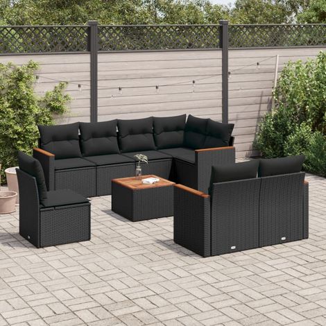 9-tlg. Garten-Sofagarnitur mit Kissen Schwarz Poly Rattan (1/3)