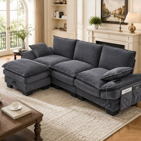 Modulares 3-Sitzer Sofa aus Cord mit Hocker und Stauraum, ergonomische Polsterung, USB-C Anschluss & Seitentaschen, 260x132x84 cm, Dunkelgrau (1/5)