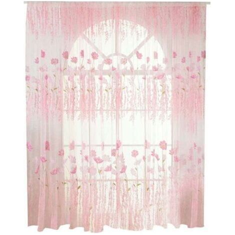 Rideau en Voile/Tulle à Motif Floral en Polyester - Décoration pour Chambre ou Salon (Rose) (1/4)