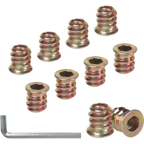 Insert Fileté Bois M5 x 10mm, 10 Pièces Douille Filetée Visser Inserts Écrous à Zinc, Insert D'écrou Borgne Metal Ecrou Hexagonal, Intérieur Manchons a Visse Vis Tête, pour Meubles en Bois (1/5)