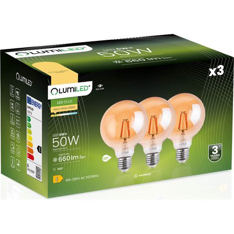 3x LED-Lampe E27 Kugel G95 6W = 50W 660lm 2000K Warmweiß 360° Bernsteinfarbenes Glühfadenlicht