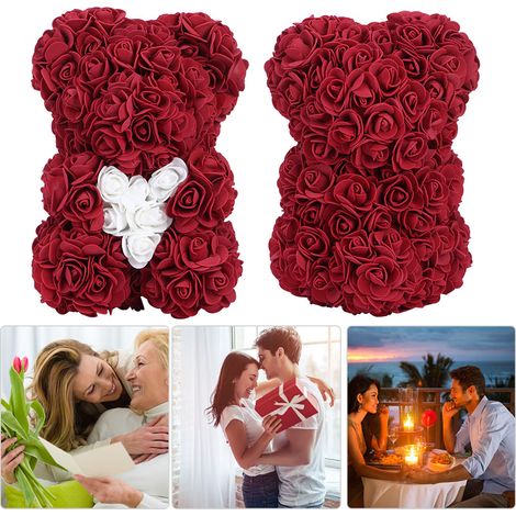 Magnifique ours en forme d'ours, orné d'une rose artificielle, cadeau idéal pour la Saint-Valentin. Ours rouge foncé avec cœur blanc. (1/5)