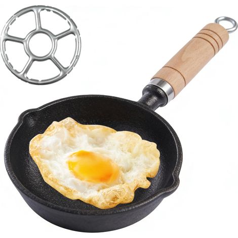 Sartén pequeña de hierro fundido para huevos fritos de 11 cm - Mini sartén para huevos con asa - Portátil - Sartén pequeña para tortillas con doble pico vertedor - Soporte para quemador de gas (1/5)