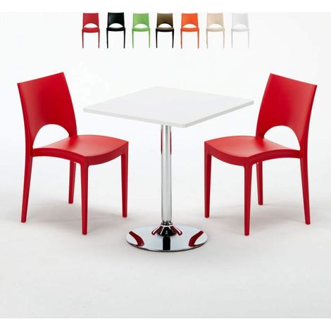 Table Carrée Blanche 70x70cm Avec 2 Chaises Colorées Grand Soleil Set Intérieur Bar Café Paris Cocktail - Rouge (1/5)