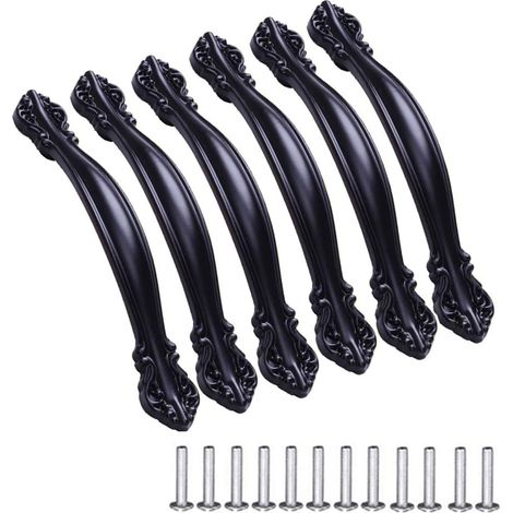 Lot de 6 poignées de porte vintage pour meubles, poignées de style ancien, entraxe de 64 mm, noires (1/5)