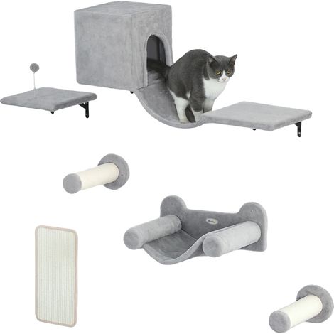 Conjunto de juegos para gatos, plataforma tipo casita, hamaca y escaleras, GRIS, 106X30X30,5 cm-a (1/2)