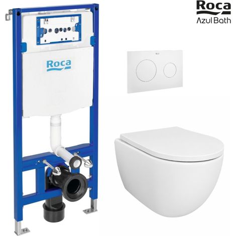 Pack Bastidor ROCA Duplo Cisterna Empotrada y Pulsador PL10 Blanco Mate + Inodoro Suspendido SWISS 53 cm Tornado y Soft-Close