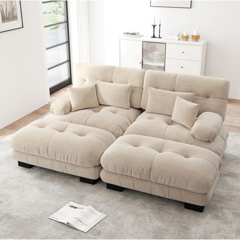 Canapé d’angle modulable en chenille café clair avec 2 poufs, coussins lombaires et style cloud,220x145x81 cm (1/5)