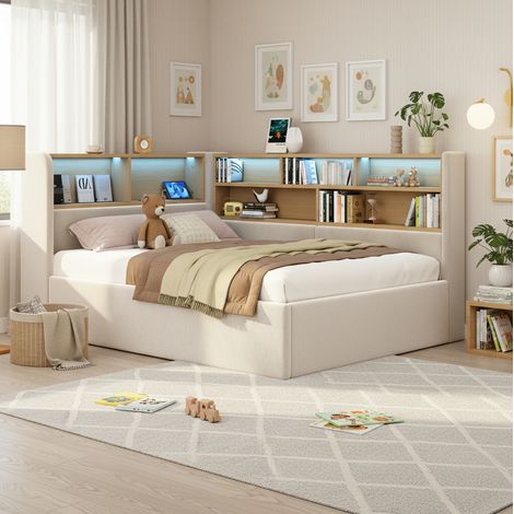 Daybed tapizado 90x200 cm con almacenaje hidráulico, LED, USB y respaldo de terciopelo beige OKWISH (1/5)