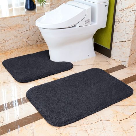 Lot de Tapis de Bain 2 Pièces Antidérapant Épaissi Tapis Sortie de Douche Absorbant Tapis de Sol en Microfibre Tapis Salle de Bain 50 x 80cm + Tapis Contour WC 50 x 60cm Noir (1/5)