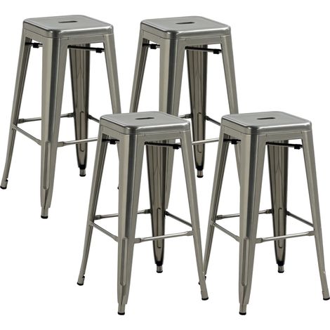 Lot de 4 Tabourets de Bar Métal Empilables Repose-Pied 76cm Argent (1/5)