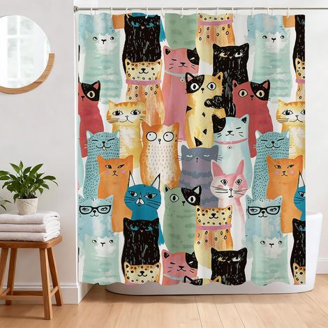 Rideau de Douche Chat Drôle Anti Moisissure 180 x 180 cm Rideau Douche Cartoon Chaton Tissu Polyester Imperméable Lavable Rideau Baignoire avec 12 Crochets (1/5)