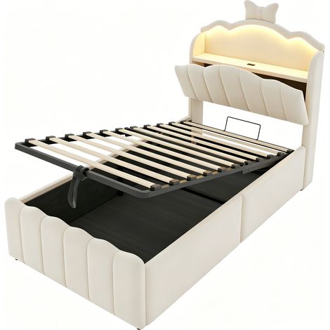 Cama infantil tapizada 90x200 cm beige con arcón hidráulico, cabecero LED, USB y USB-C (1/5)