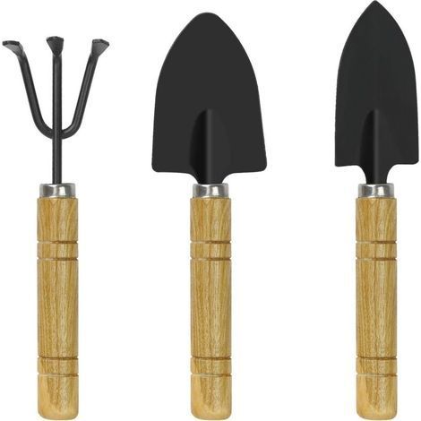 Set of 3 Mini Garden Tools with Wooden and Iron Handle - Black (1/4)