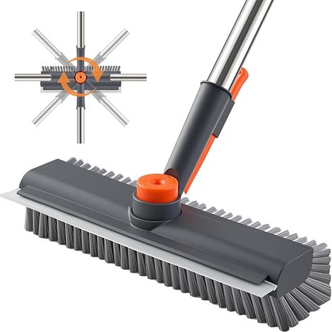 3 en 1 Balai Brosse Sol avec Long Manche(122cm), Brosse Sol Exterieur Nettoyage avec Poils et Raclette pour Terrasse, Carreaux, Cuisine, Salle de Bain, Patio, Garage, Douche, Carrelage(Gris) (1/4)