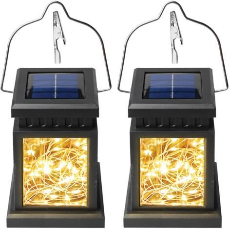 BUNTHAUS Lot de 2 lanternes solaires d'extérieur à suspendre carrées 30 LED blanc chaud résistantes aux intempéries Décoration de jardin, balcon et terrasse Lampe solaire [Classe énergétique A] (1/5)