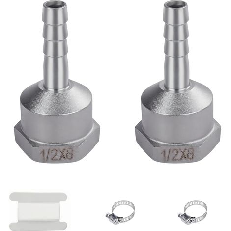 Lot de 2 Raccords de Tuyau en Acier Inoxydable Avec Filetage Intérieur, Raccord pour Tuyau, Douille de Tuyau en Acier Inoxydable pour Eau, Gaz, Air (1/2"IGx8mm) (1/5)