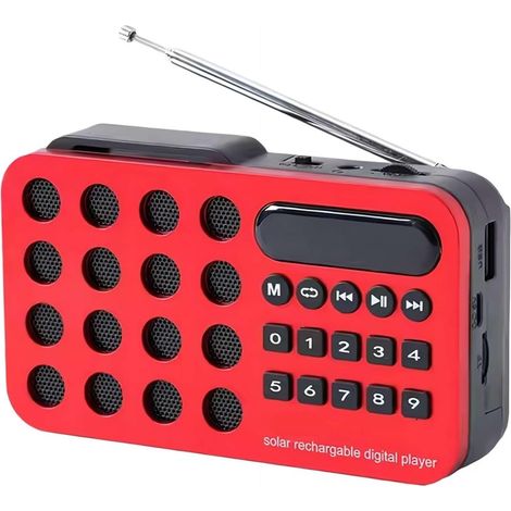 Haut-parleur ra portable, ra solaire rechargeable pour la maison, le camping, les voyages (rouge). (1/5)