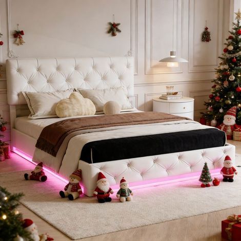 Letto contenitore 140x190 con rete, letto 140x190 con spazio di stoccaggio, LED regolabile, altezza della testiera regolabile, lino, bianco sporco