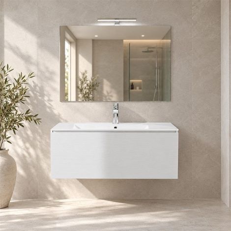 Mobile Bagno Sospeso Bianco 100 Cm Con Cassetto Capiente, Lavabo Ceramica, Specchio E Lampada Berlin