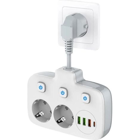 Steckdosenleiste mit einem Schalter und 2 Fächern, Steckdosenleiste mit 3 Schaltern, Doppelsteckdose mit 4 USB-Anschlüssen, Netzadapter mit Überspannungsschutz, Kindersicherung (1/4)