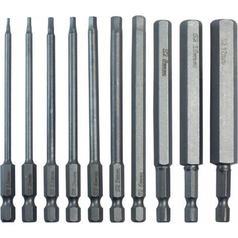 BEBUSINGOTO Juego de puntas hexagonales de 100 mm de largo con almacenamiento, vástago hexagonal S2 H1.5-h12, llave Allen de metal de color, 10 piezas (1/5)